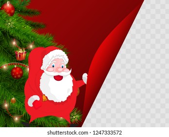 Happy Santa Clause character with decorative xmas tree on glossy red background and space for your image.