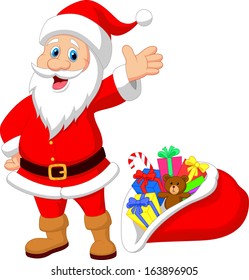 Happy Santa Clause With Gift Waving Hand