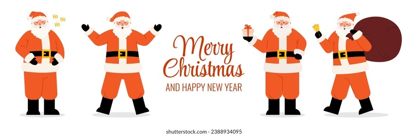 Happy Santa Clauses characters and lettering greeting Merry Christmas. Vector holiday banner design in flat style on white background