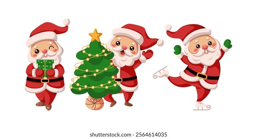 Happy Santa Clauses holiday mood flat color vector icon set. Christmas with gift decorated tree and ice skating characters pack on white