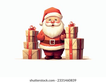 Happy Santa Clauss with christmas presents on a neutral background