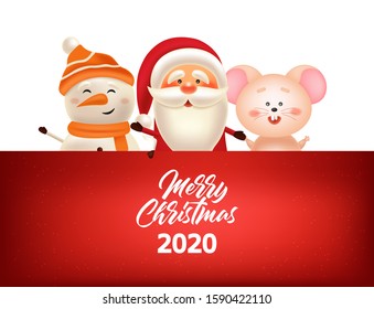 Happy Santa Claus,snowman and cute mouse, merry christmas and happy new year, red background with snowflakes, realistic santa character, winter banner, holiday background vector