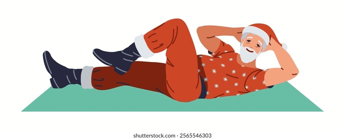 Happy Santa doing crunches exercises on mat flat color vector character. Grandpa at fitness training for Christmas season illustration on white