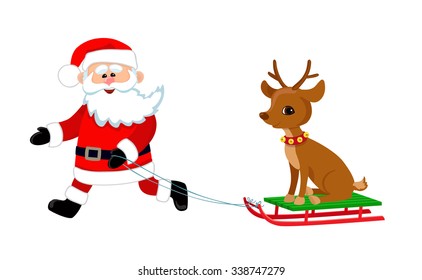 Happy Santa driven in a sleigh reindeer. Cartoon illustration.