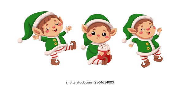 Happy Santa elves dancing and drinking cocoa flat color vector icon set. Fairy tale Christmas season atmosphere characters pack on white