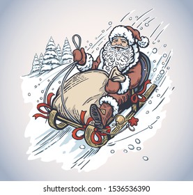 Happy Santa with gift bag, rides sledding down the mountain.