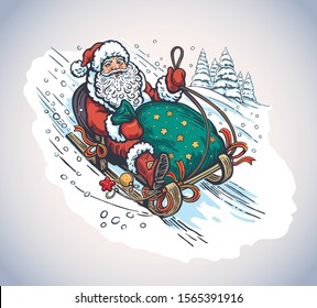 Happy Santa with gift bag, rides sledding down the mountain.