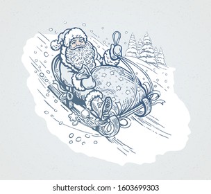 Happy Santa with gift bag, rides sledding down the mountain. Greeting postcard.