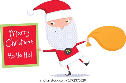 Happy Santa with gifts and greetings.