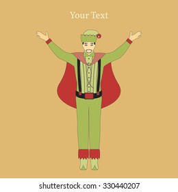 Happy Santa Helper. Vector Illustration of a Elf Cartoon Character. Merry Christmas and Happy New Year. Year of the Monkey.