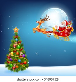 Happy Santa in his Christmas sled being pulled by reindeer