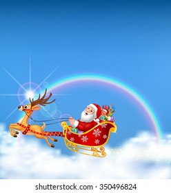 Happy Santa in his Christmas sled being pulled by reindeer on cloudy rainbow background