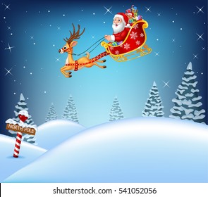 Happy Santa in his sled pulled by reindeer