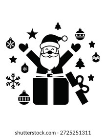 Ilustración de Papá Noel feliz con Elementos de invierno, adornos festivos y paquete de regalo