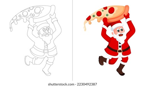 happy santa jumping with giant pizza slice, coloring page for kids. 