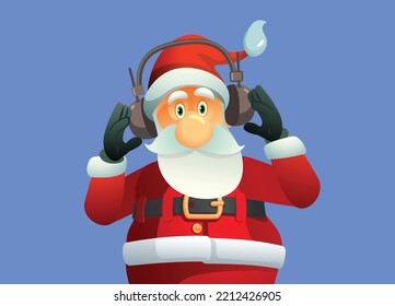 Happy Santa Listening to Christmas Carols Vector Cartoon Illustration. Cheerful senior Santa enjoying xmas traditional songs
