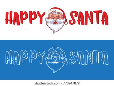 Happy Santa logo design for Christmas greeting cards, gifts, banners, tags and labels. Funny cartoon character illustration with text isolated on white background. EPS 10 vector illustration.