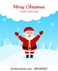 Happy Santa over snow background. Winter landscape with falling snowflake. Greeting card or background poster with place for your message. Merry christmas and Happy new year vector illustration
