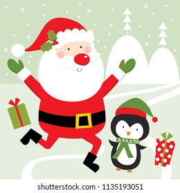 happy santa and penguin celebrating christmas