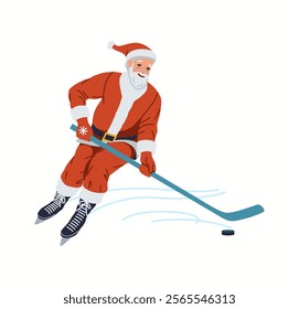 Happy Santa playing ice hockey flat color vector character. Active Saint Nicolas shooting goal on ice rink illustration on white background