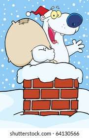 Happy Santa Polar Bear In Chimney
