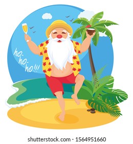 HAPPY SANTA IN RED SHORTS, HAWAII SHIRT, A STRAW HAT WITH COCONUT AND COCKTAIL IN HANDS CELEBRATES CHRISTMAS ON THE ISLAND WITH PALM. CHARACTER DESIGN