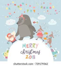 Happy Santa ,reindeers and bear celebrating Christmas