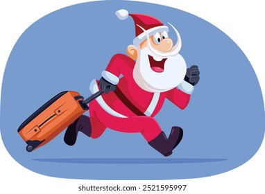 
Feliz Santa corriendo con la ilustración de dibujos animados de Vector de equipaje. Alegre Santa Claus de vacaciones para las vacaciones 
