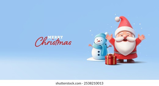 Feliz Papai Noel, boneco de neve, presente, 3D. Banner para a celebração de Natal. Saudações com as Férias de inverno. Ilustração vetorial.