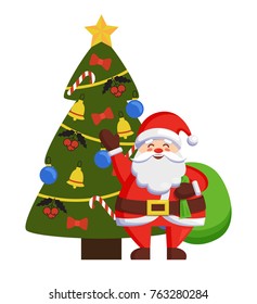 Happy Santa standing with bag near decorated Xmas tree vector illustration poster with Christmas Father and winter holiday symbols isolated on white