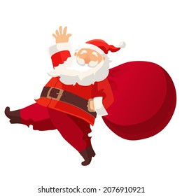 A happy Santa waving and holding big red presents bag on whit background, Merry Christmas, holiday and event concept, celebrate occasion