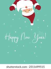 Happy Santa wishes everyone Happy New Year. Festive vector character with New Year mood, Happy New Year inscription and fireworks isolated on light blue. Template for holiday card, poster, invitation