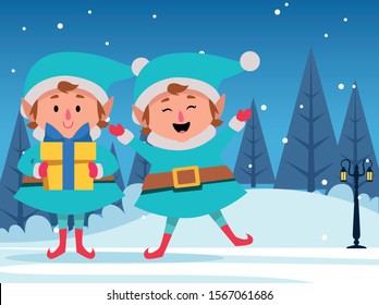 happy santa's helpers with gift box over snowy night background, colorful design , vector illustration