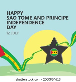 Happy Sao Tome and Principe independence day vector illustration with the sunny day scenery, a long and wavy flag, and a star with the national flag within.