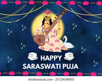 Happy Saraswati Puja poster with the statue of goddess Saraswati sitting and playing Veena with a swan in blue background, Saraswati Puja wish card, Vector illustration.