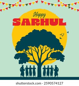Happy Sarhul Indian Festival Celebrated, People Dance around Tree, Jharkhand Map
