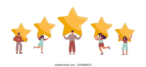 Happy and satisfied customer vector tiny people are holding review stars over their heads. Five stars rating flat. Customer review rating and client feedback concept. Modern illustration.