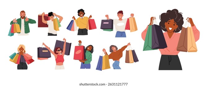 Happy satisfied diverse people cartoon characters with shopping bags set isolated on white background. Man and woman customers feeling joy taking part in seasonal sales on weekends vector illustration