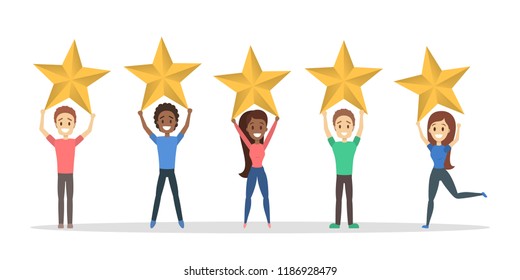 Happy satisfied people holding 5 huge golden stars. Rate the product quality. Idea of feedback and review. Isolated flat vector illustration