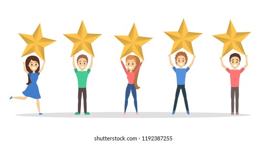 Happy satisfied people holding 5 huge golden stars. Rate the product quality. Idea of feedback and review. Isolated flat vector illustration