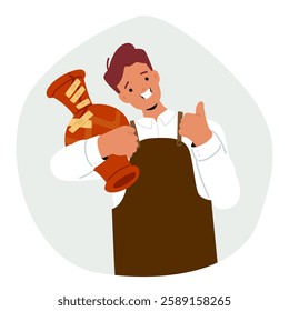 Happy satisfied professional pottery master carton man character in apron holding fixed broken antique ceramic vase vector illustration. Restoration of porcelain products small craft business