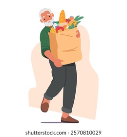 Happy satisfied senior man cartoon character carrying huge shopping bag paper packet filled with groceries purchases enjoying shopping routine on weekend vector illustration. Retirement lifestyle