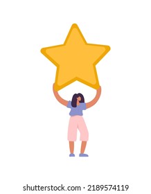 Happy and satisfied vector customer flat woman people is holding review star over her head. Five stars rating. Customer review rating and client feedback concept. Modern illustration.