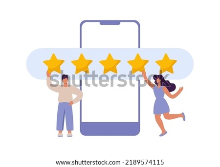 Happy and satisfied vector customer flat man and woman giving Five stars rating on smartphone. Customer review rating and client feedback concept. Modern illustration.