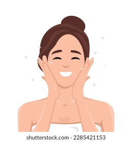 Happy Satisfied Woman showing perfect facial skin. Girl with smooth clean skin after using beauty product. Cosmetic, skincare, treatment, routine, Self care concept. Flat vector 