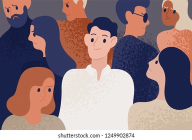 Happy And Satisfied Young Man Surrounded By Depressed, Unhappy, Sad And Angry People. Smiling Person In Crowd. Funny Cheerful Guy And Society. Colorful Vector Illustration In Flat Cartoon Style.