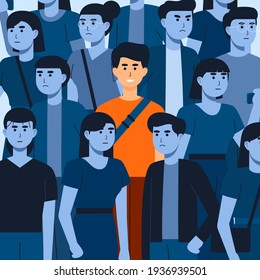 Happy And Satisfied Young Man Surrounded By Depressed, Unhappy, Sad And Angry People. Smiling Person In Crowd. Funny Cheerful Guy And Society. Colorful Vector Illustration In Flat Cartoon Style