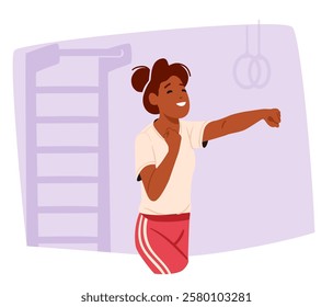 Happy satisfied young woman cartoon character learning self defense and protective combative technique, pumping muscles and developing strength while training in sports gym vector illustration