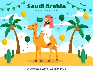 Happy Saudi Arabia National Day Vector Illustration on September 23 with Waving Flag Background in Flat Cartoon Hand Drawn Landing Page Templates