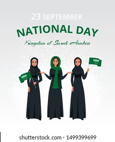 Happy Saudi women celebrate the National Day of the Kingdom of Saudi Arabia. Muslim girls dressed in black Abaya hold the KSA flags on the national day-September 23. Greeting card